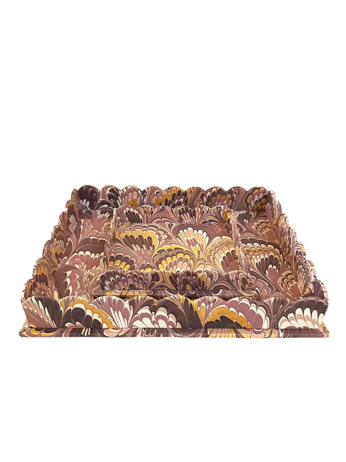 Marbled Scalloped Tray Set - Burgundy Fan