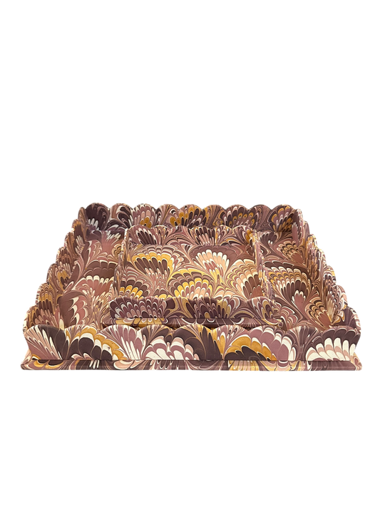Marbled Scalloped Tray Set - Burgundy Fan
