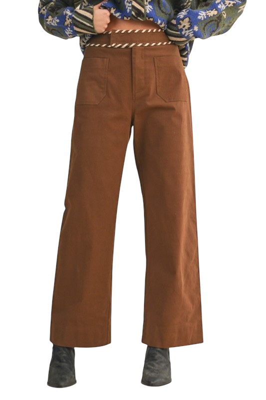 High Waist Wide Leg Pants w/ Whip Stitch Trim