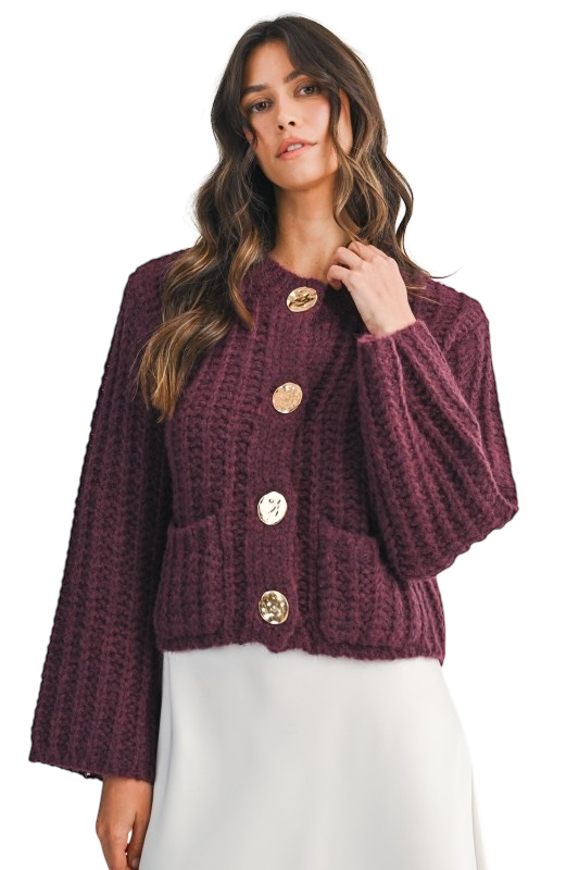 Chunky Knit Button Down Cardigan - Merlot
