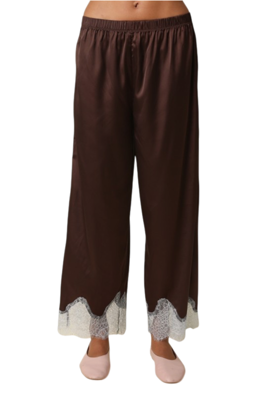 Brown & Light Blue Lace Trim Satin Pants