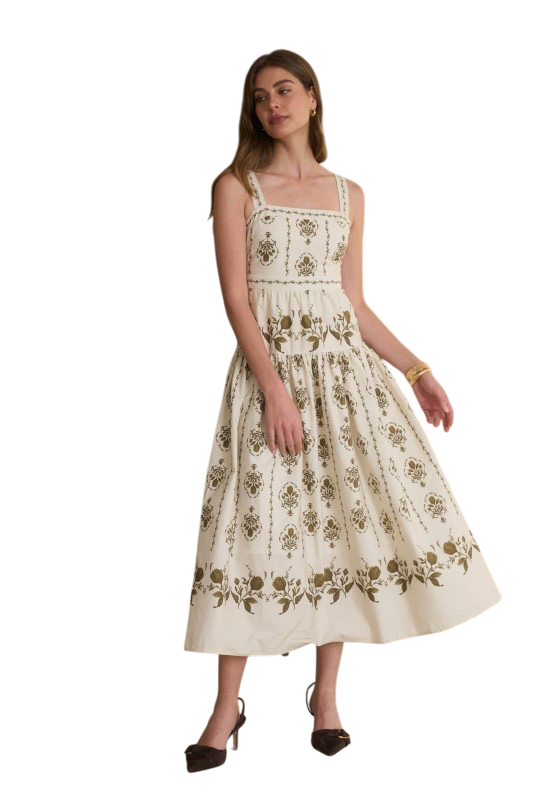 Botanical Print Drop Waist Midi