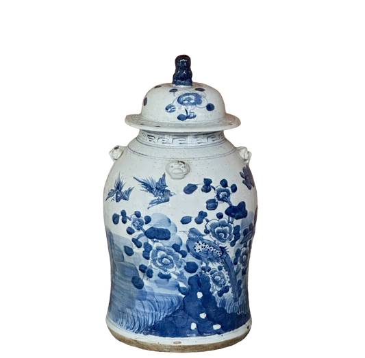 Extra Large Blue & White Bird & Flower Temple Jar