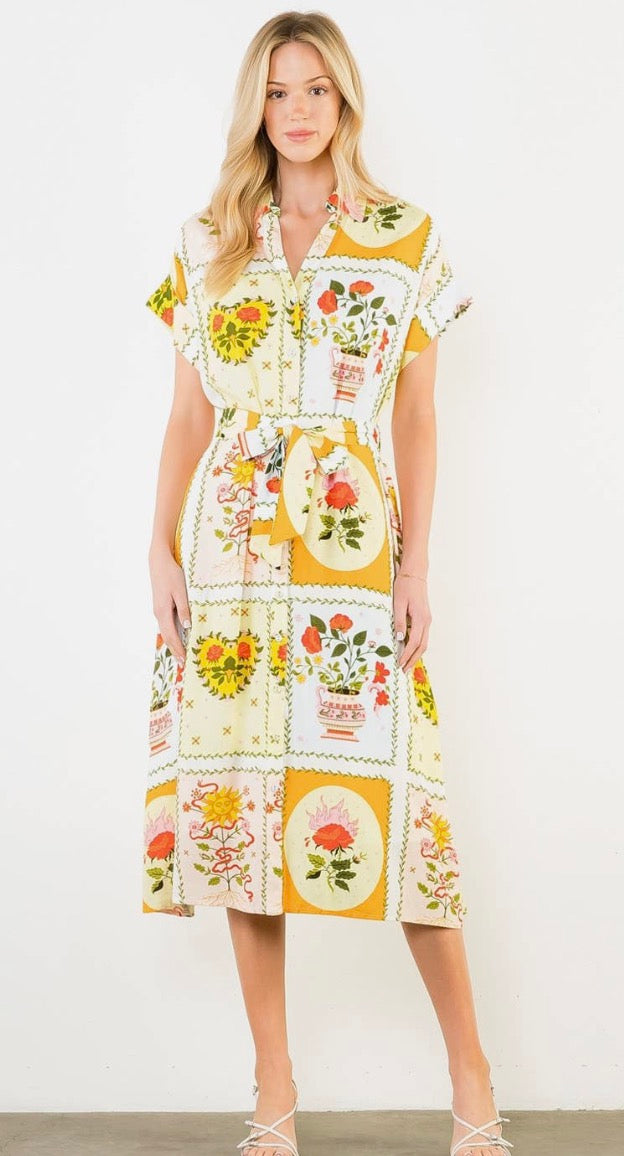 Long Pattern Dress with String Tie Waist