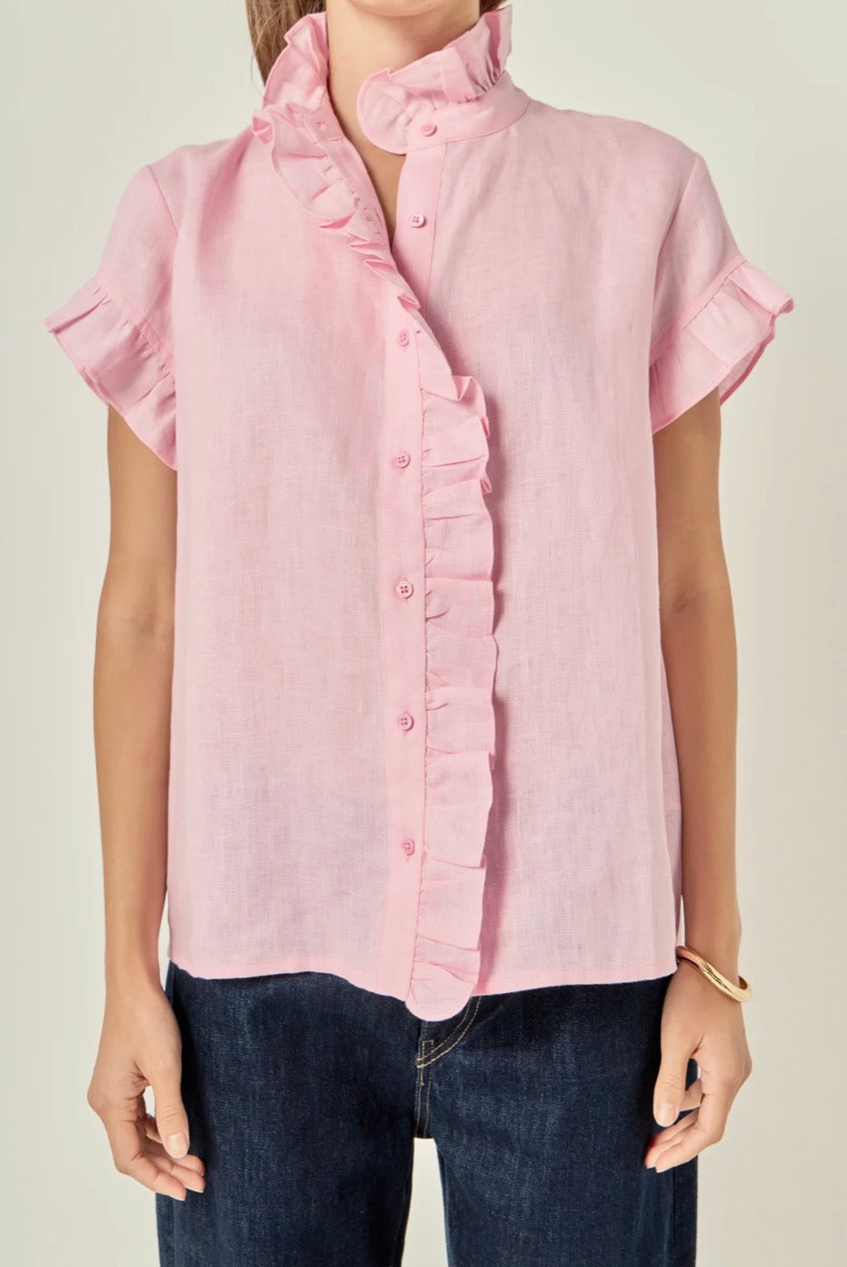Linen Ruffle Shirt- Light Pink