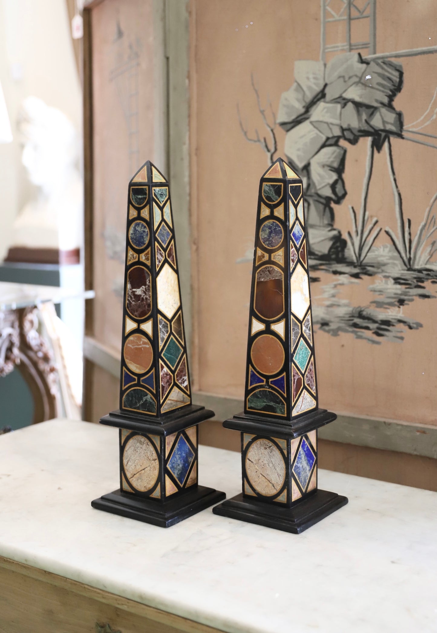 Pair of Italian Grand Tour-Style Specimen Marble Obelisks