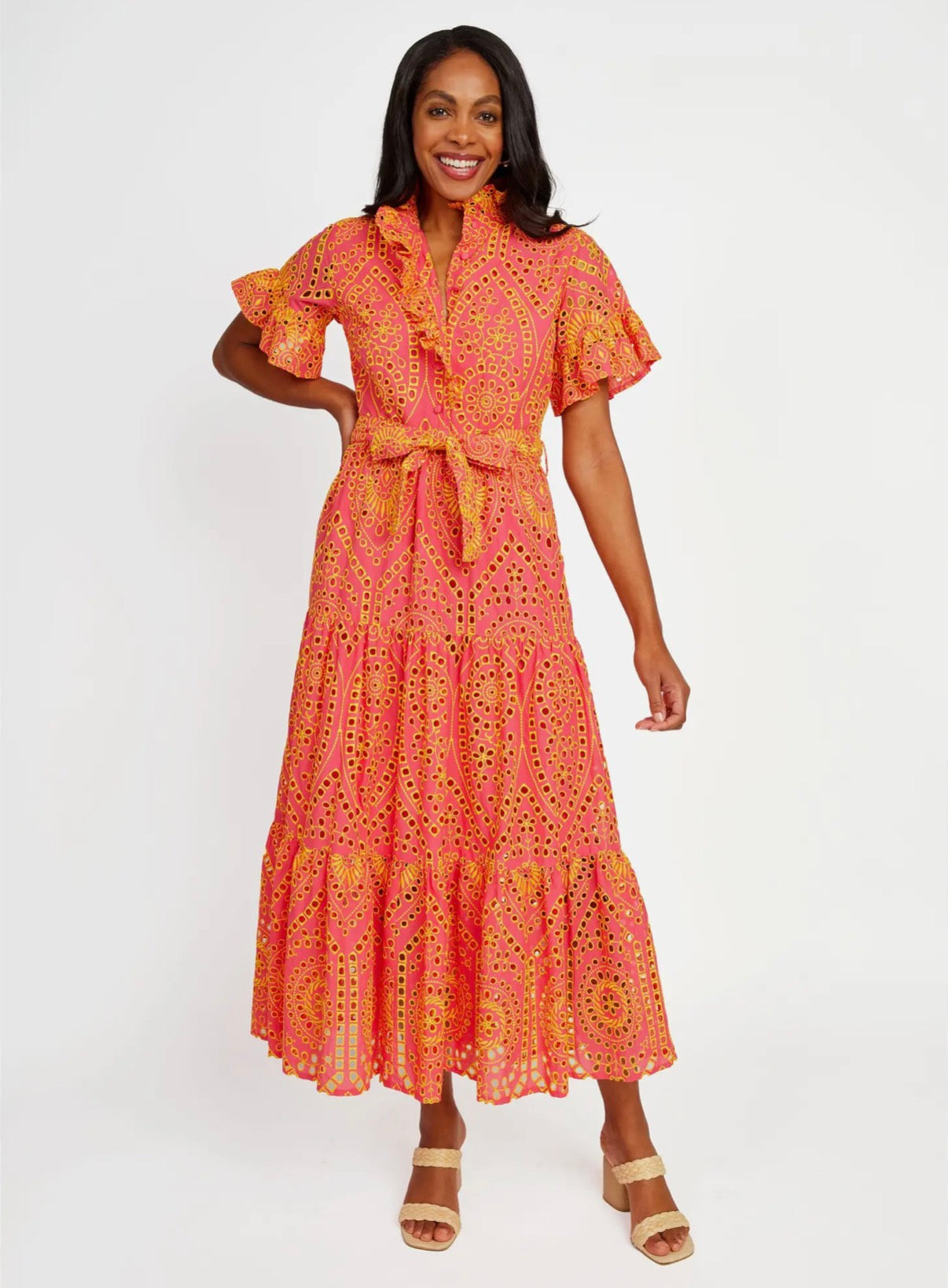 Coral & Yellow Eyelet Maxi