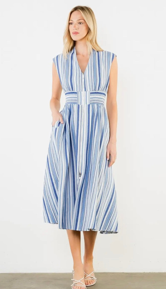 Sleeveless Stripe Midi Dress with Zipper Front
