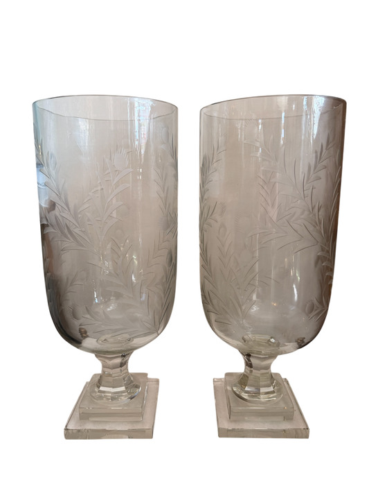 Pair of Grande Vine Etched Hurricanes
