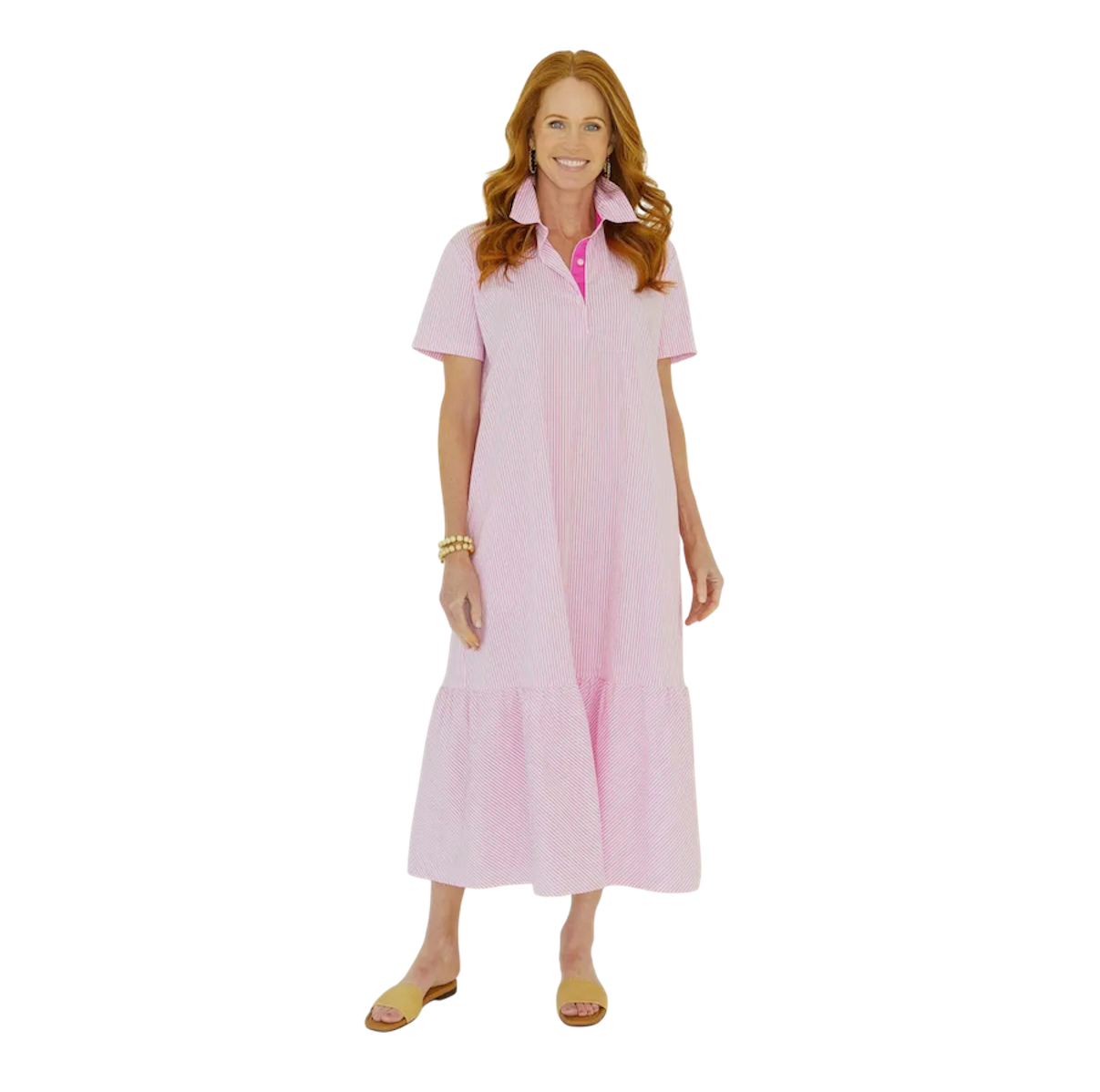 Pink Collar Stripe Tiered Maxi