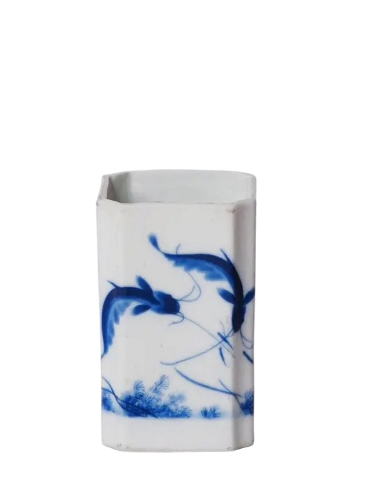 Blue & White Koi Fish Square Vase