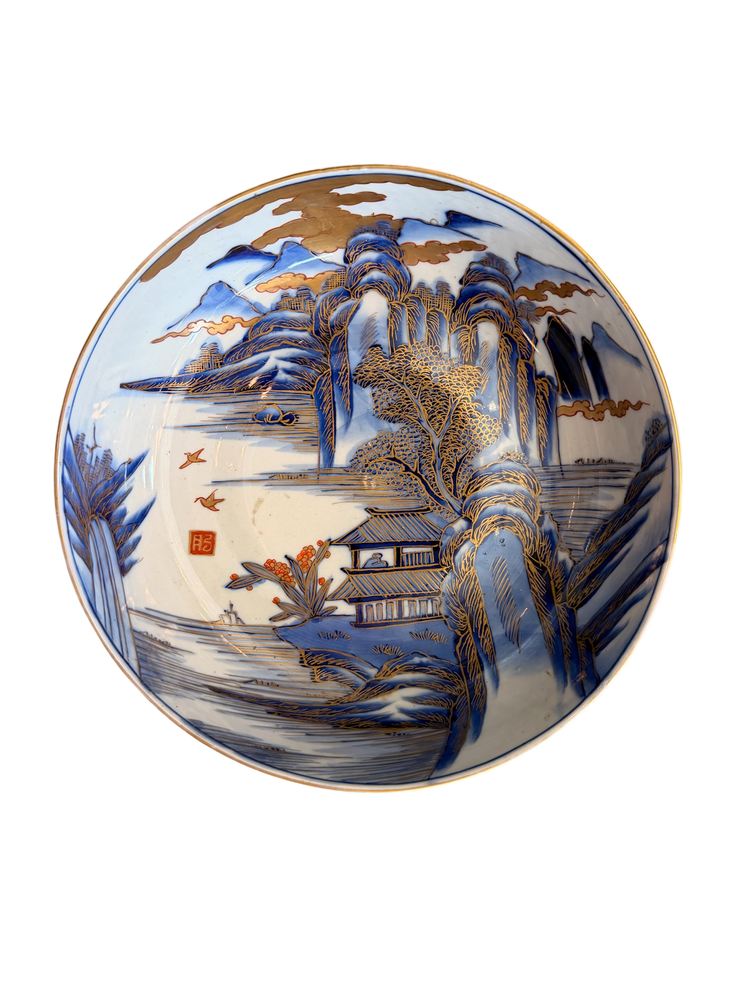 Vintage Blue and White Bowl w/ Gold Leaf