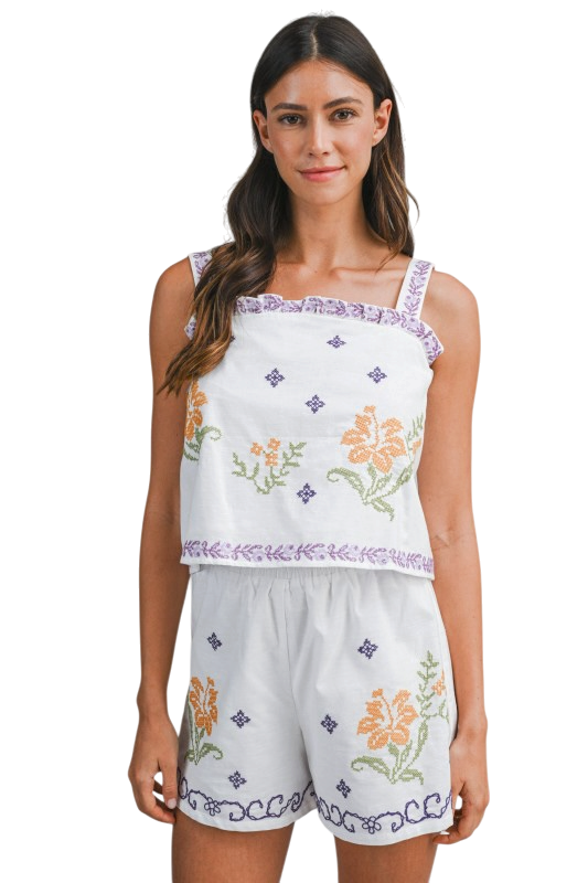 Embroidered Ruffle Trim Shorts Set