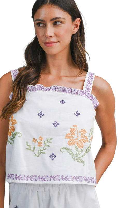 Embroidered Ruffle Trim Shorts Set