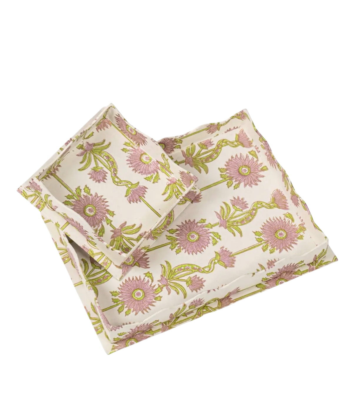 Floral Vines Scalloped Blockprint Tray Set
