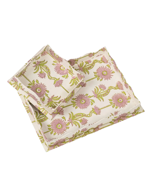 Floral Vines Scalloped Blockprint Tray Set