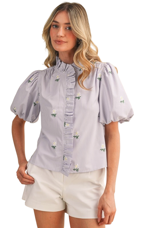 Floral Stripe Ruffle Button Down