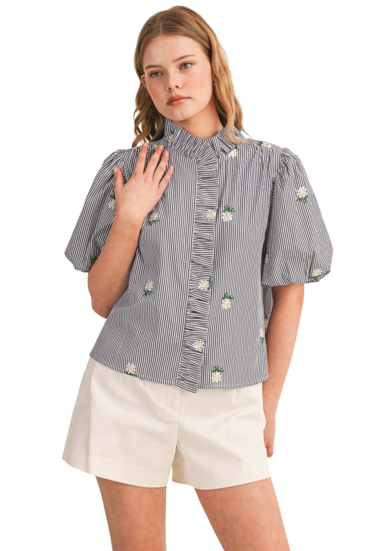 Floral Stripe Ruffle Button Down