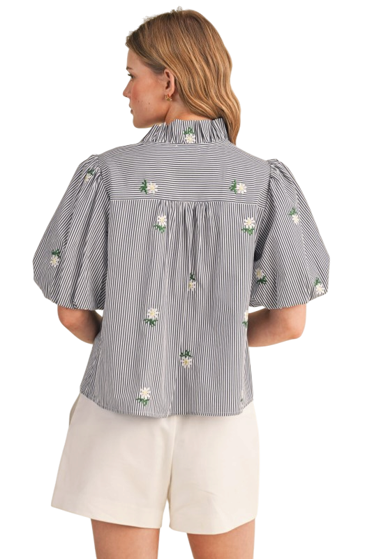 Floral Stripe Ruffle Button Down