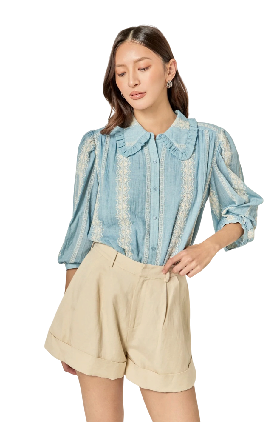 Embroidered Ruffle Collar Blouse