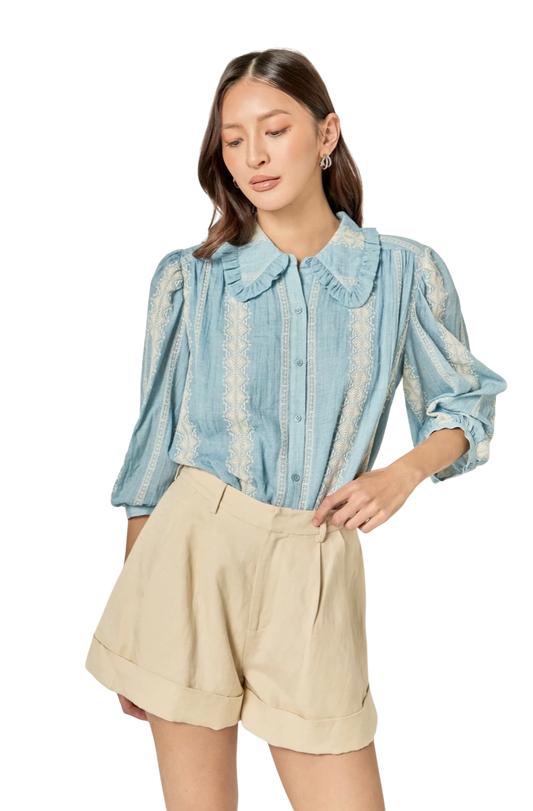 Embroidered Ruffle Collar Blouse