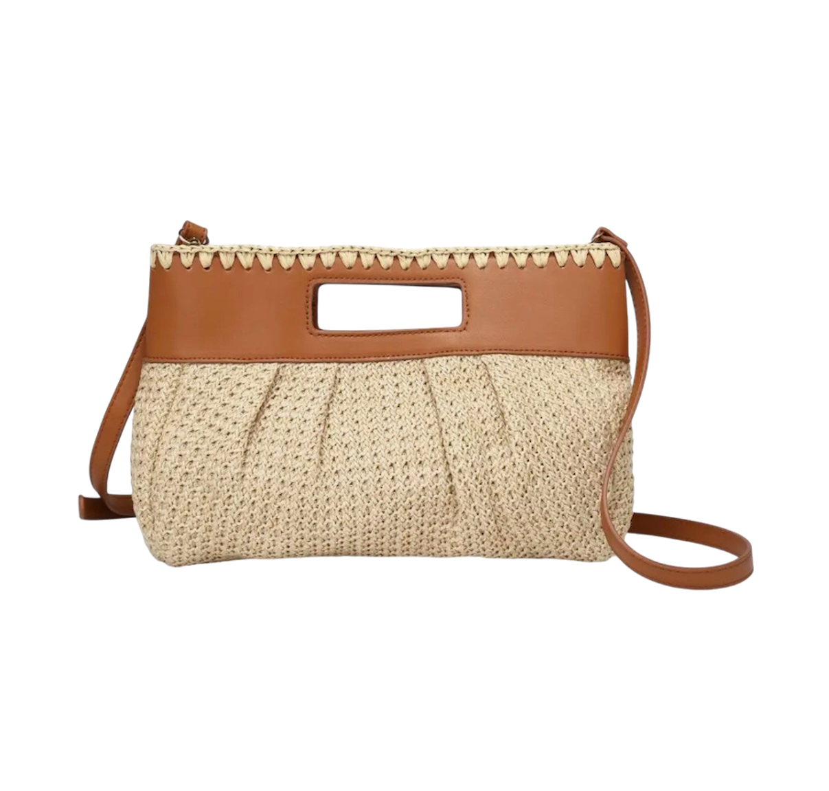 Leather Raffia Top Handle Clutch