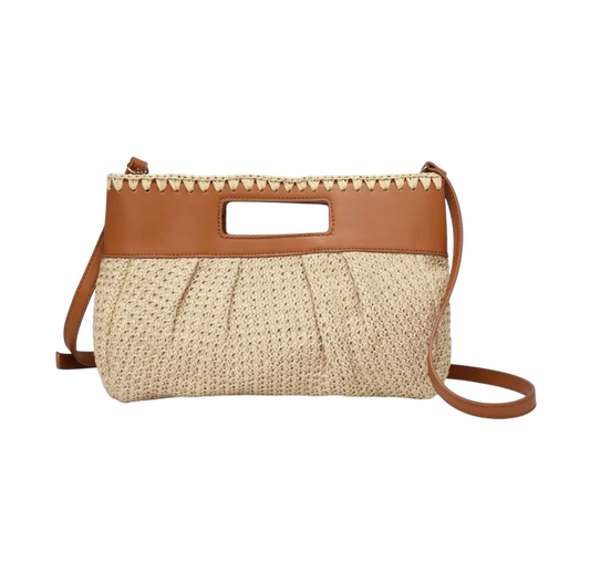 Leather Raffia Top Handle Clutch