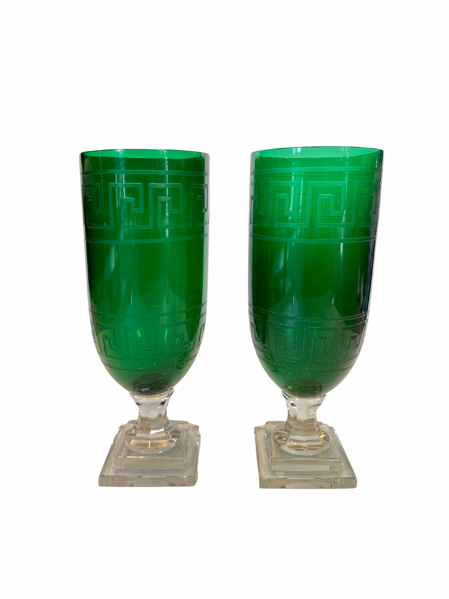 Pair of Greek Key Etched Glass Hurricanes
