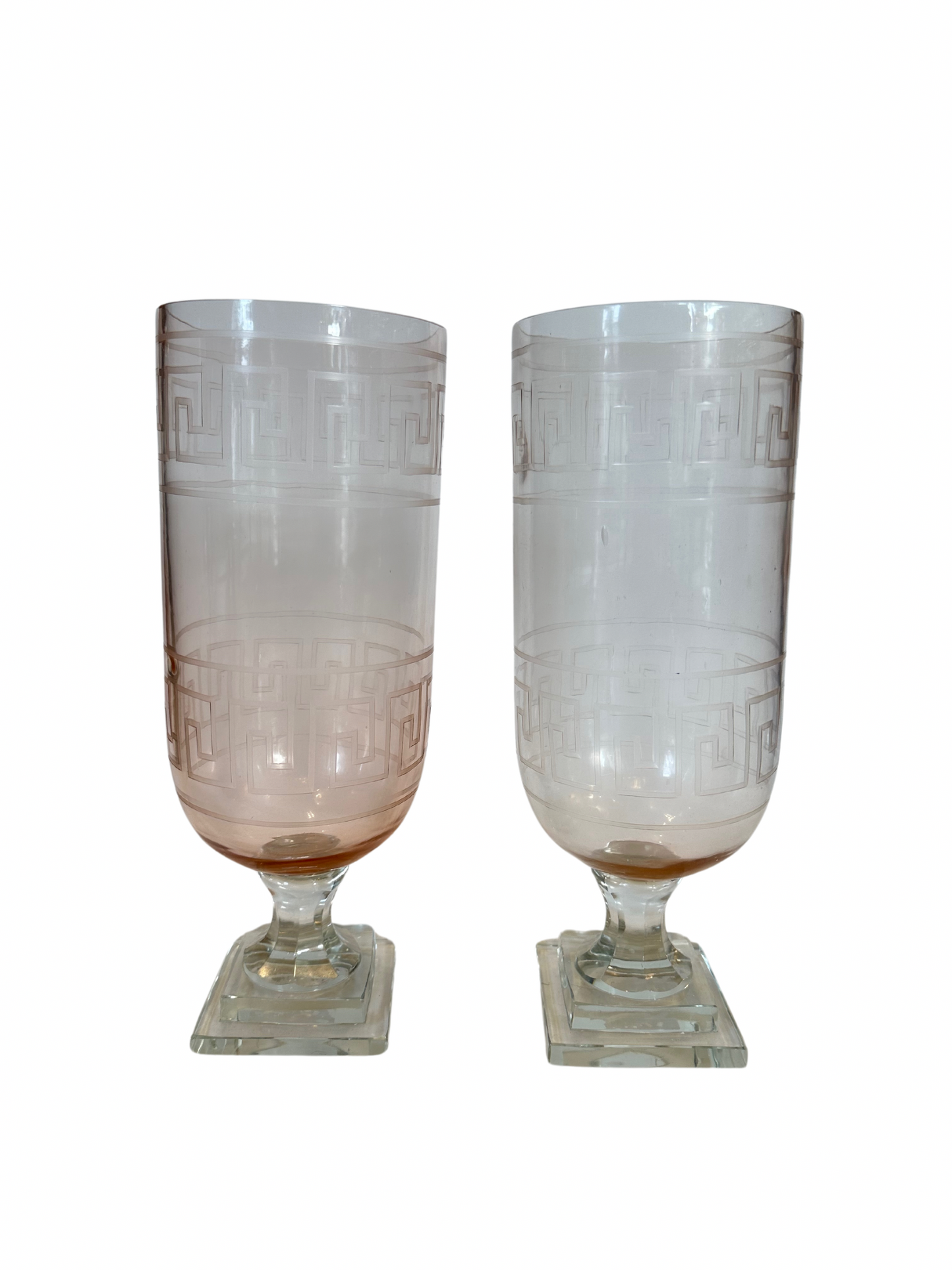 Pair of Greek Key Etched Glass Hurricanes