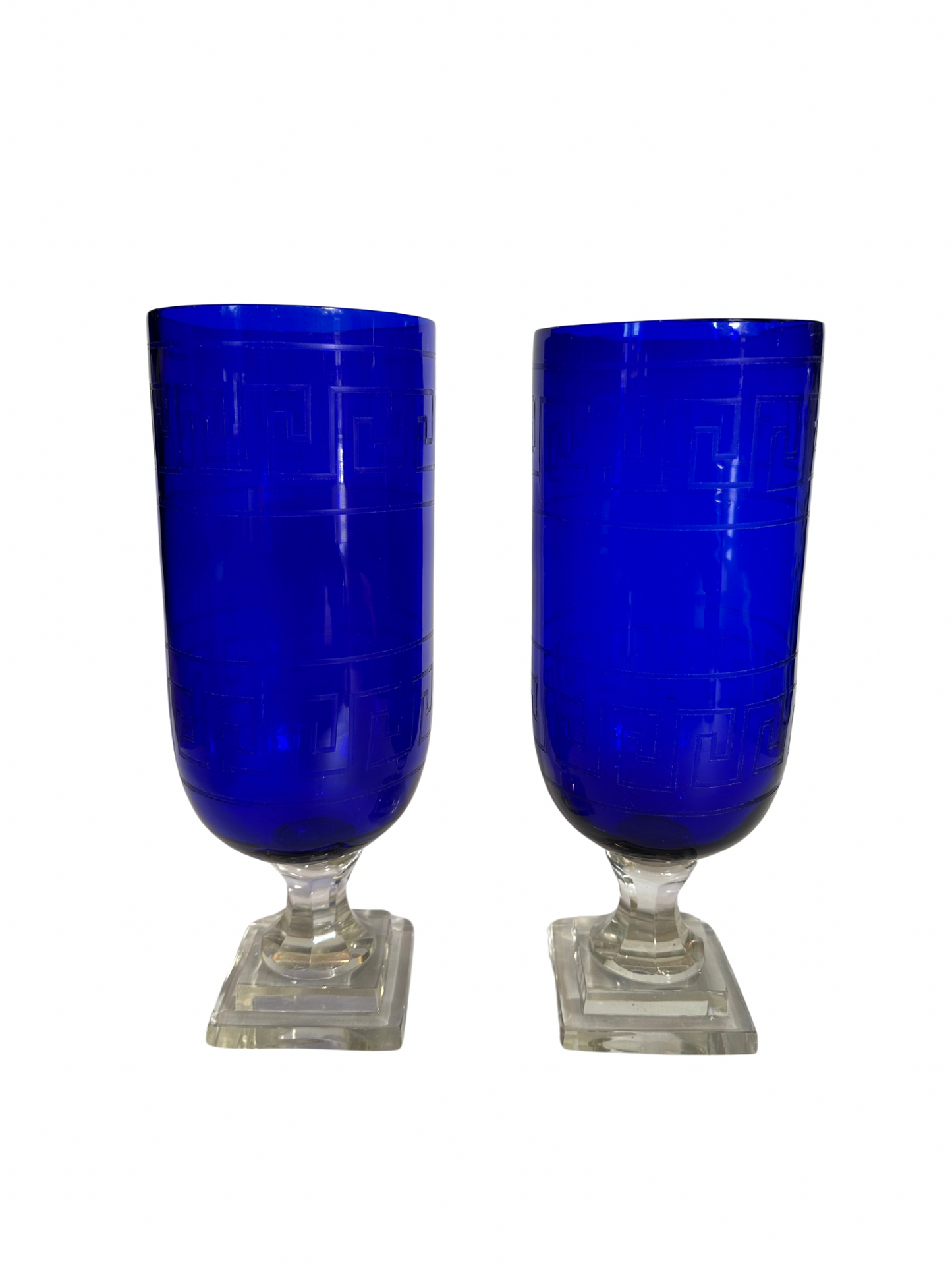 Pair of Greek Key Etched Glass Hurricanes