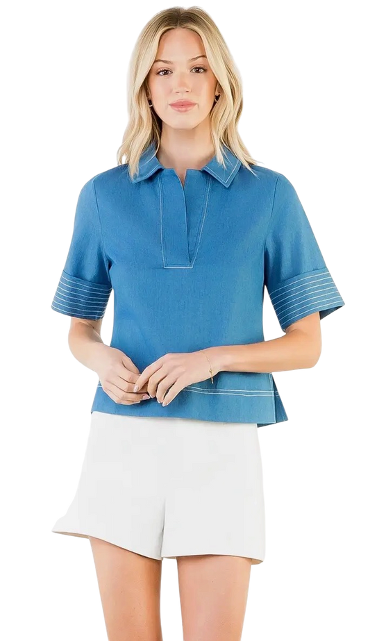 Blue Collared V Neck Top