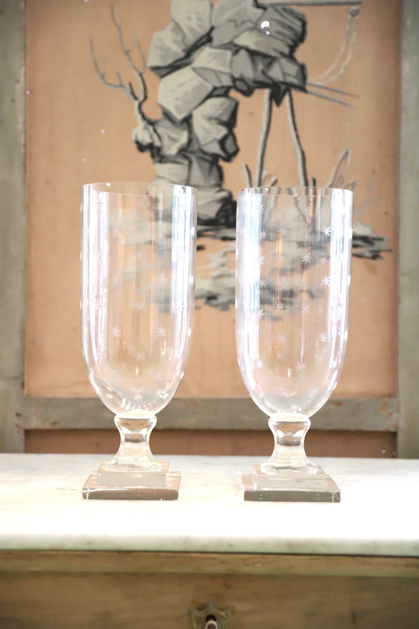 Pair of Star Etched Glass Hurricanes