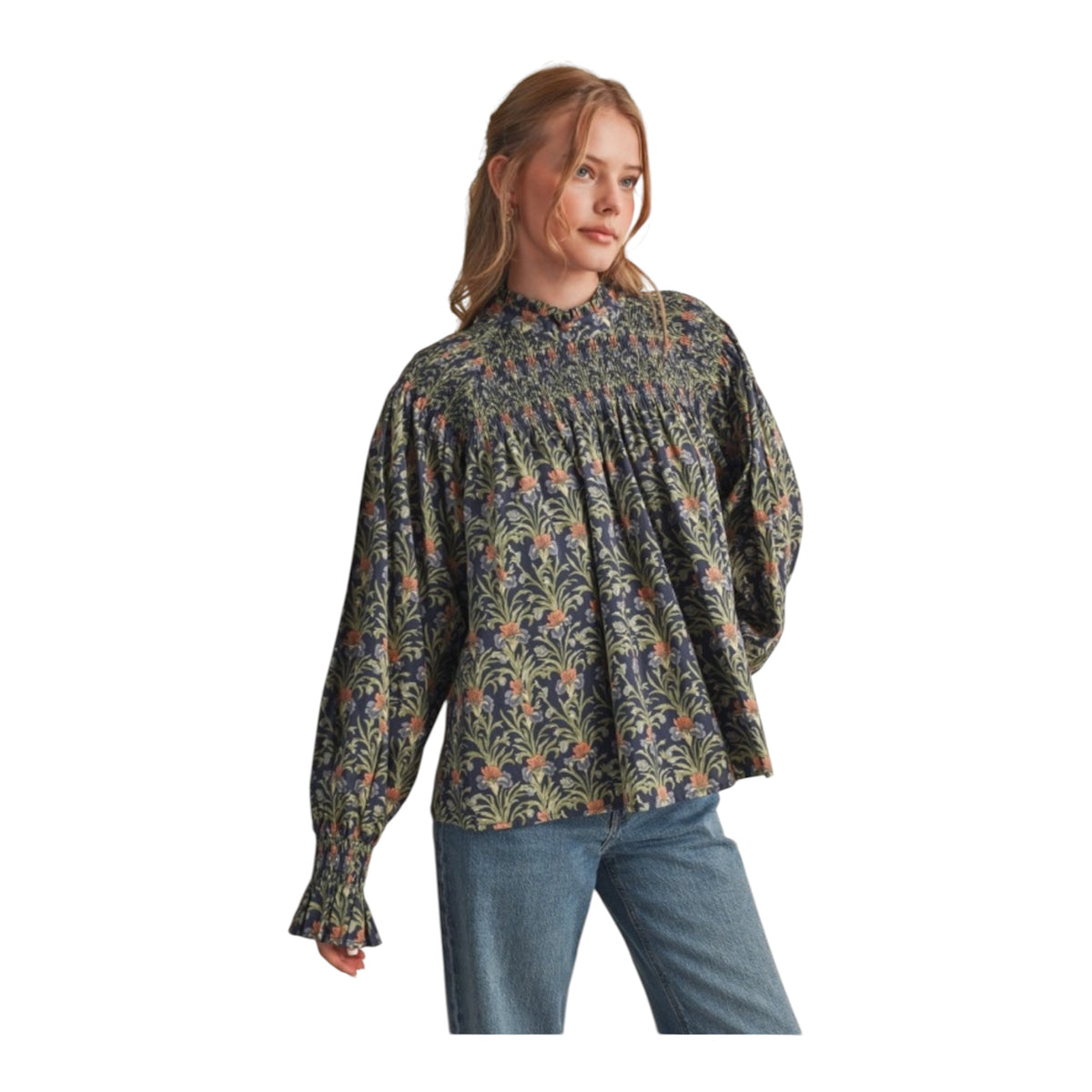 Smocked Floral Navy Top