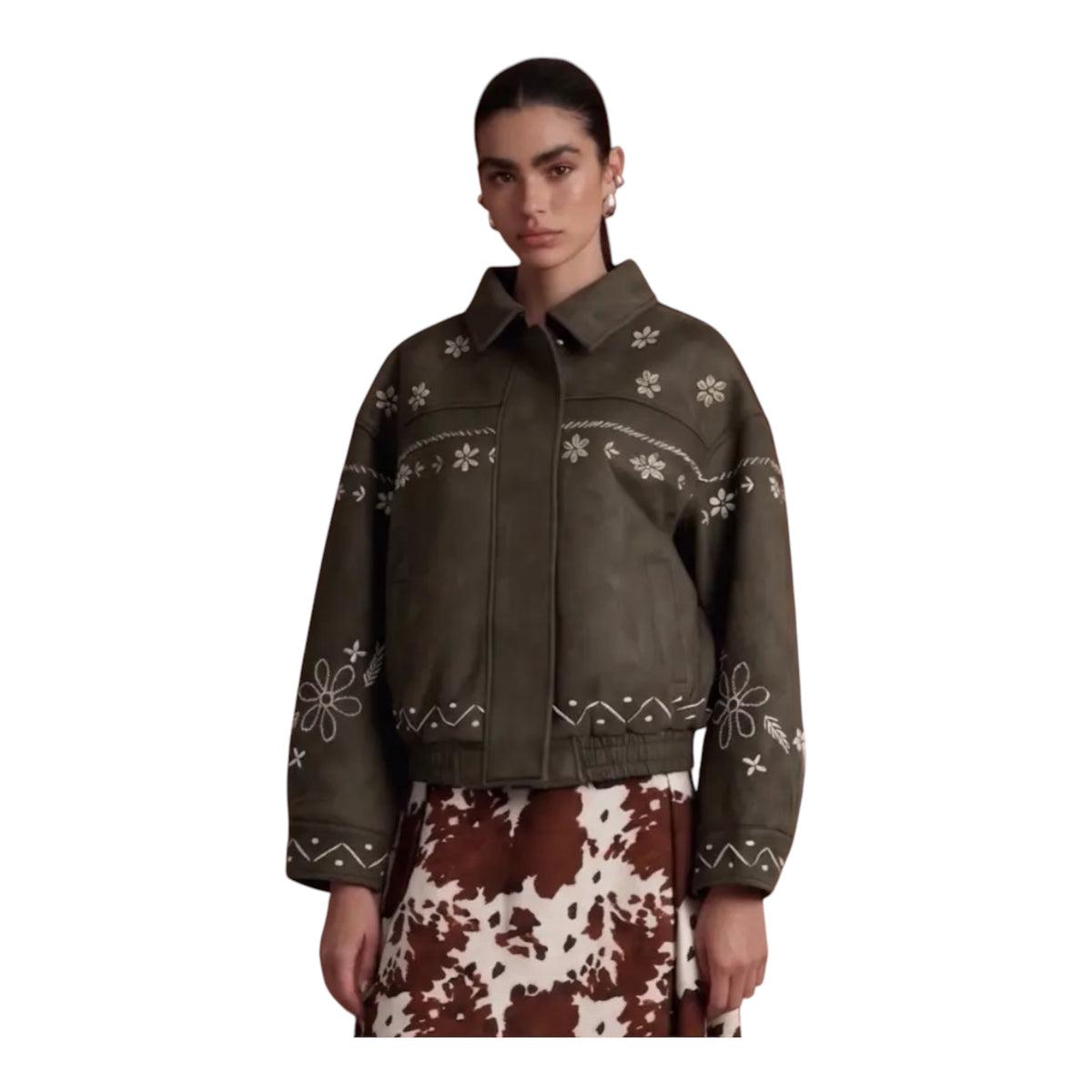 Embroidered Suede Bomber Jacket