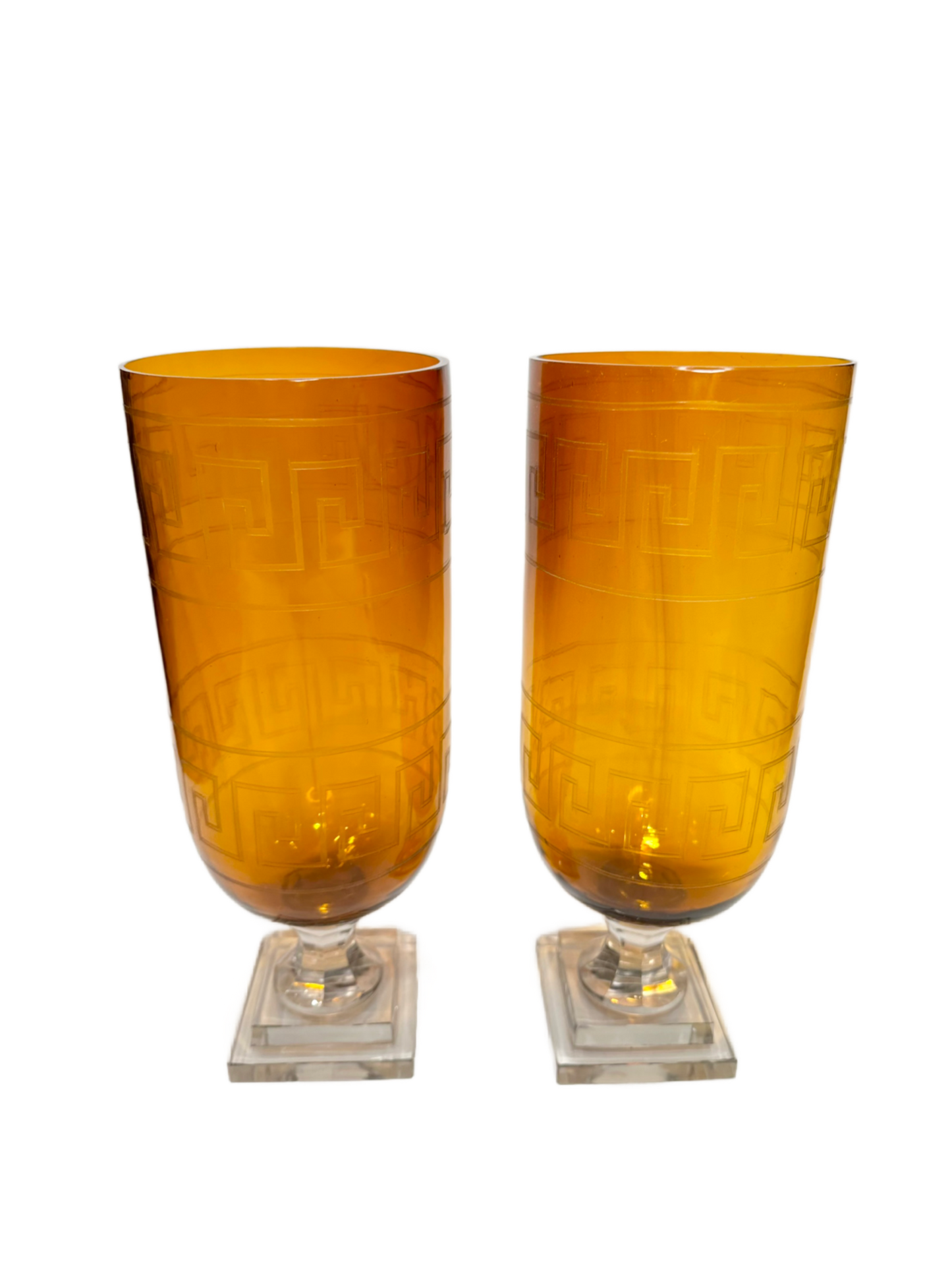 Pair of Greek Key Etched Glass Hurricanes