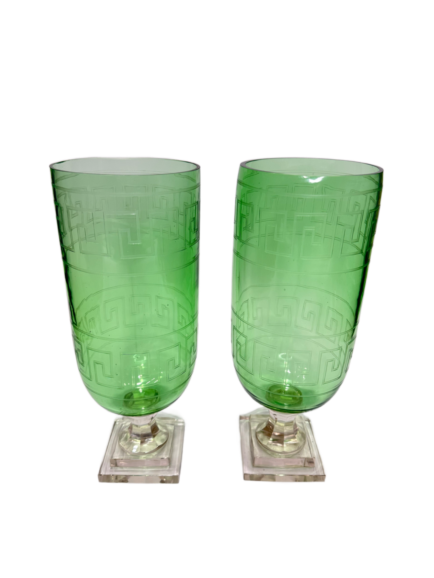 Pair of Greek Key Etched Glass Hurricanes