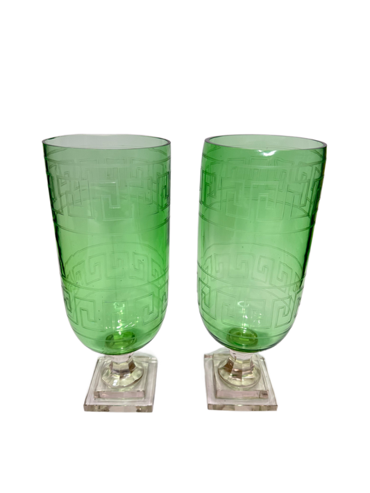 Pair of Greek Key Etched Glass Hurricanes