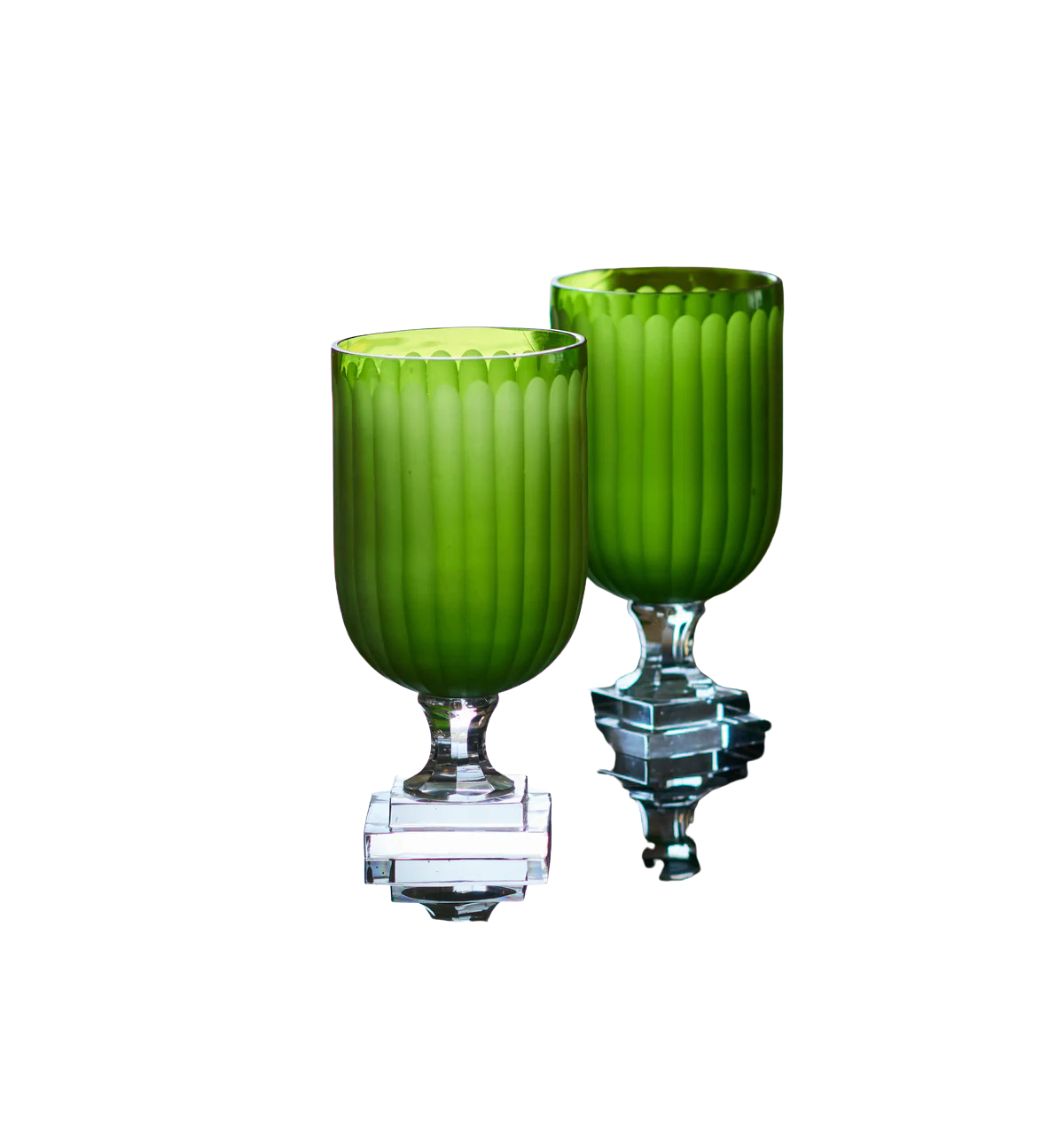 Pair of Etched Green Glass Hurricanes
