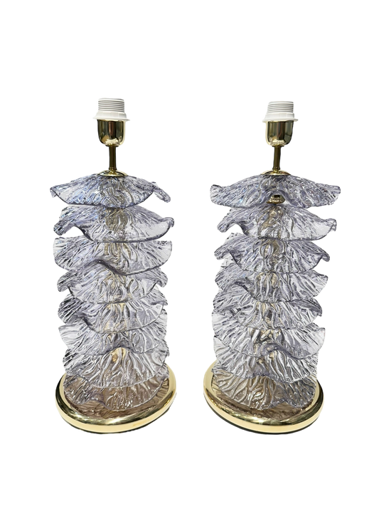 Pair of Modern Murano Ruffle Glass Lamps in Lilac