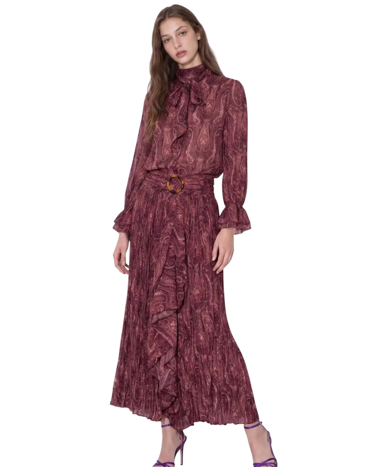 Printed Tie-Front & Pleated Skirt Set